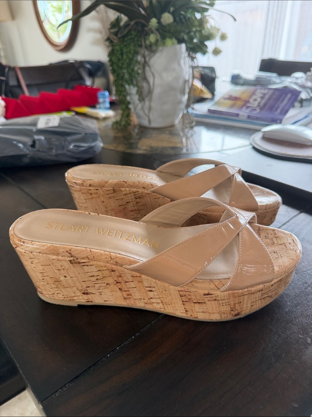 Stuart Weitzman Nude Patent Cork Wedge Sandals